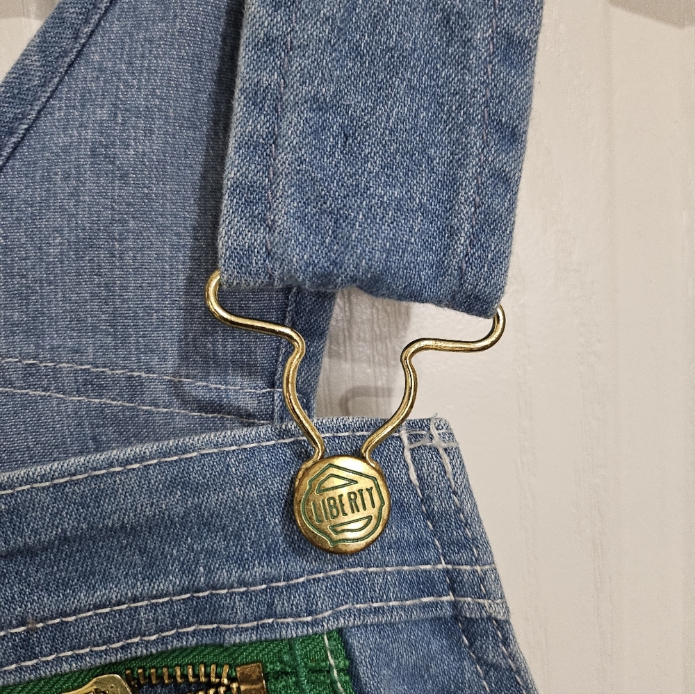VINTAGE Liberty Blue Denim Short Y2K Overalls with Green Trim XL. - Picture 7 of 12